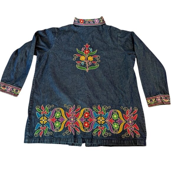 Vintage 90s Denim Embroidered Button Top Jacket Shacket Mainstreet Blues Boho XL - Picture 2 of 8